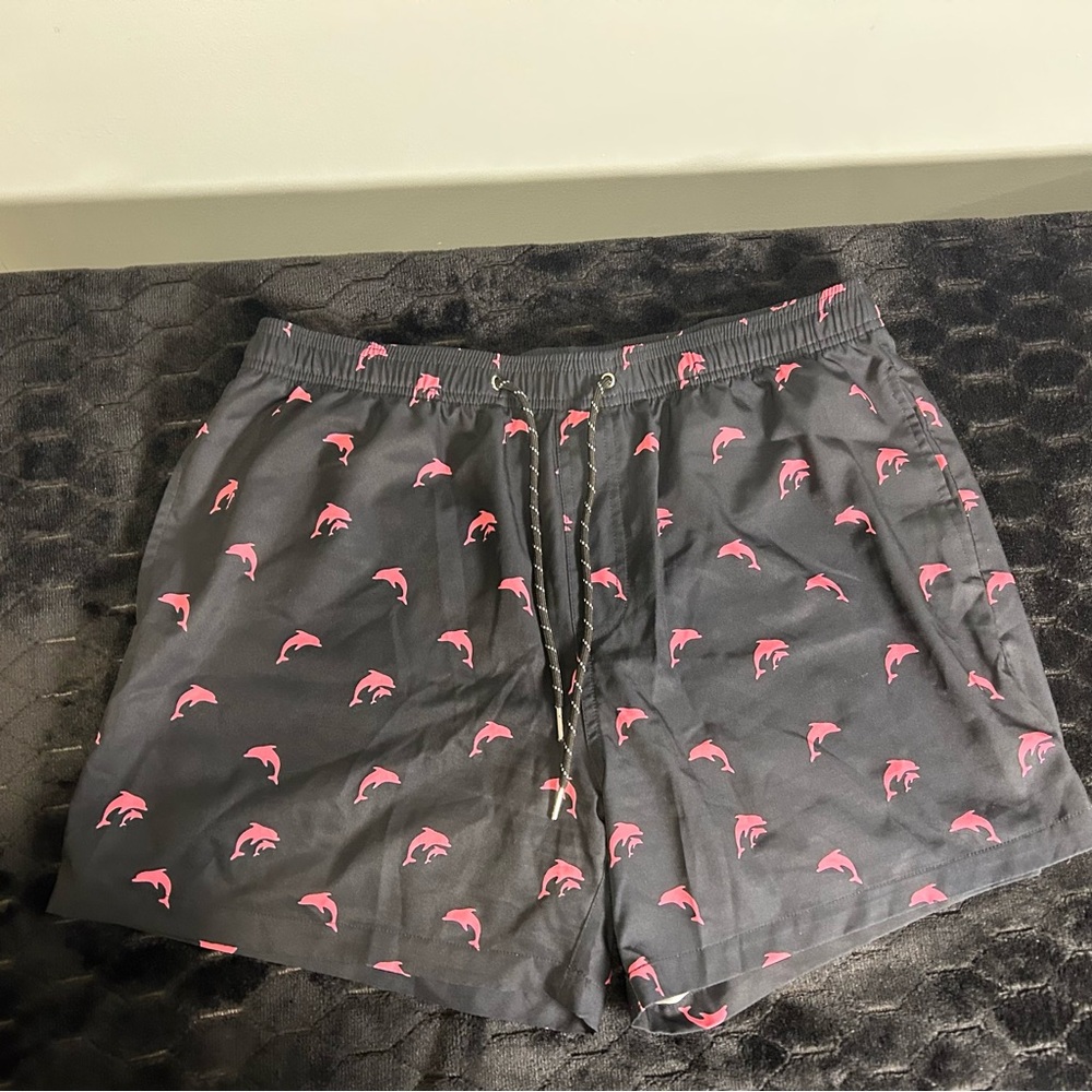 Men’s Navy Blue & Pink Dolphin Swim Trunks Drawstring Size L Resortwear Coastal
